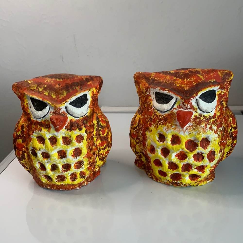 Folk Art Owls Paper Mache Orange Yellow 6 Inches Tall